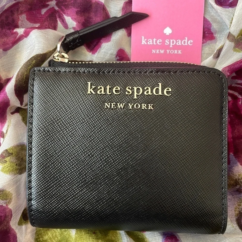 Brand New Kate Spade Genuine Saffiano Leather Black L-Zip Bifold Cameron Wallet